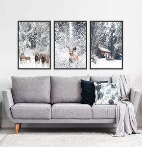 Framed Set of 3 Winter Forest Sheep, Deer and House Wall Art