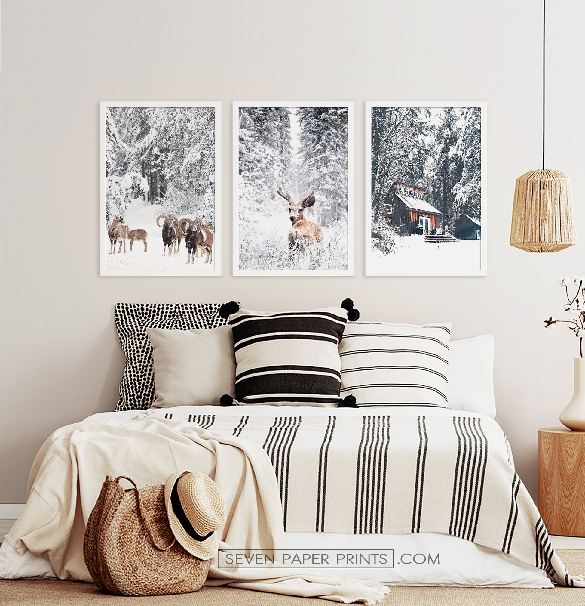 Framed Set of 3 Winter Forest Sheep, Deer and House Wall Art
