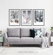 Load image into Gallery viewer, Lovely 3-Piece Set Of Winter Forestside Framed Posters above the sofa
