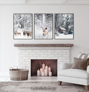 Framed Lovely 3-Piece Set Of Winter Forestside Posters above the fireplace