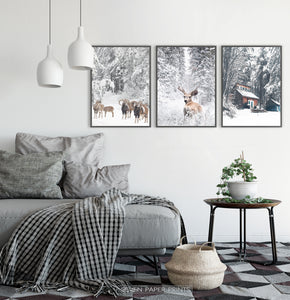 Lovely 3-Piece Set Of Winter Forestside Framed Posters in the bedroom