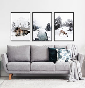 Framed Set of 3 Winter River, House, And Deer Wall Art