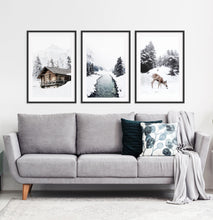 Load image into Gallery viewer, Framed Set of 3 Winter River, House, And Deer Wall Art
