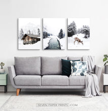 Load image into Gallery viewer, Icy River, Coutry House And Deer 3 Piece Canvas Wall Art

