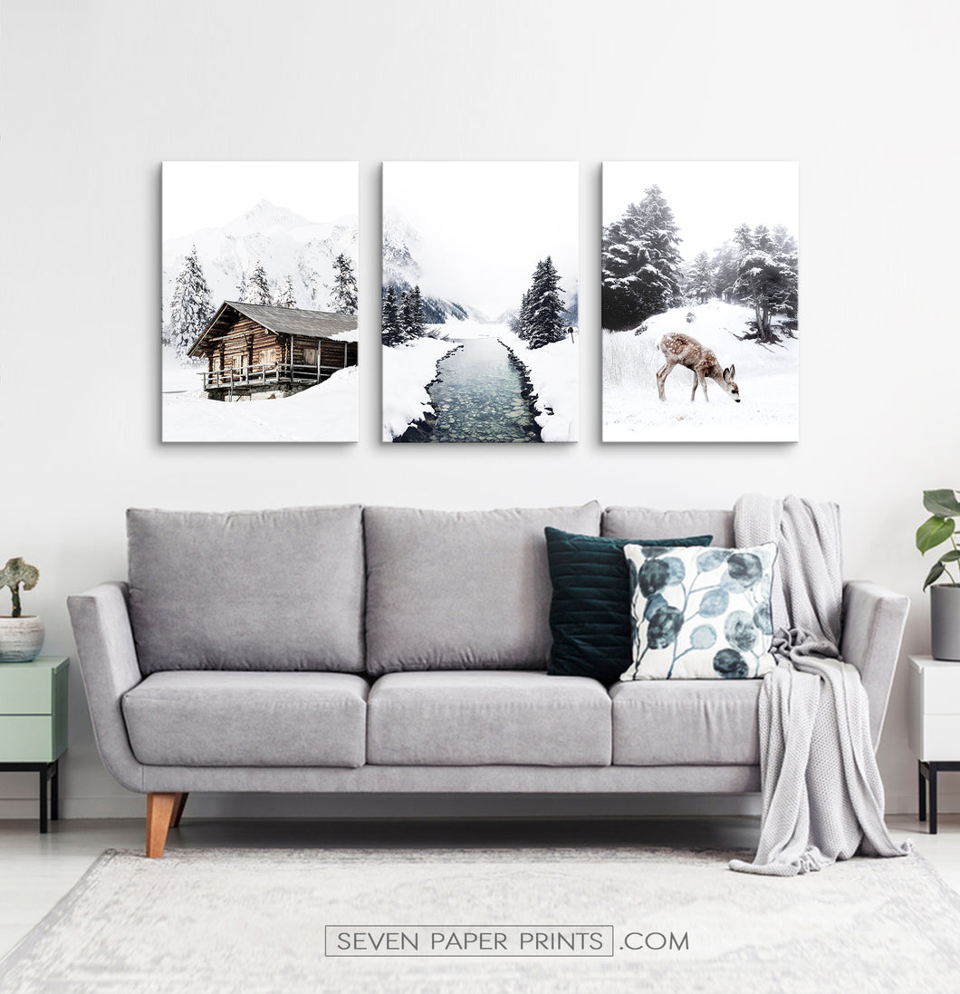 Icy River, Coutry House And Deer 3 Piece Canvas Wall Art