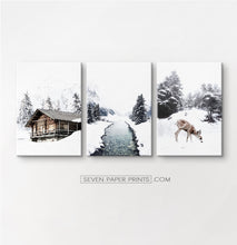 Load image into Gallery viewer, Icy River, Coutry House And Deer 3 Piece Photo Art Canvases
