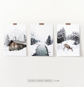 Snowy Country River, House, And Deer - Unframed Set of 3 Photo Prints