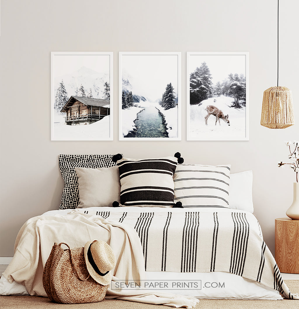 Framed Set of 3 Winter River, House, And Deer Wall Art