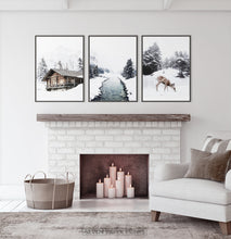 Load image into Gallery viewer, Black-Framed Set of 3 Photo Prints above the fireplace
