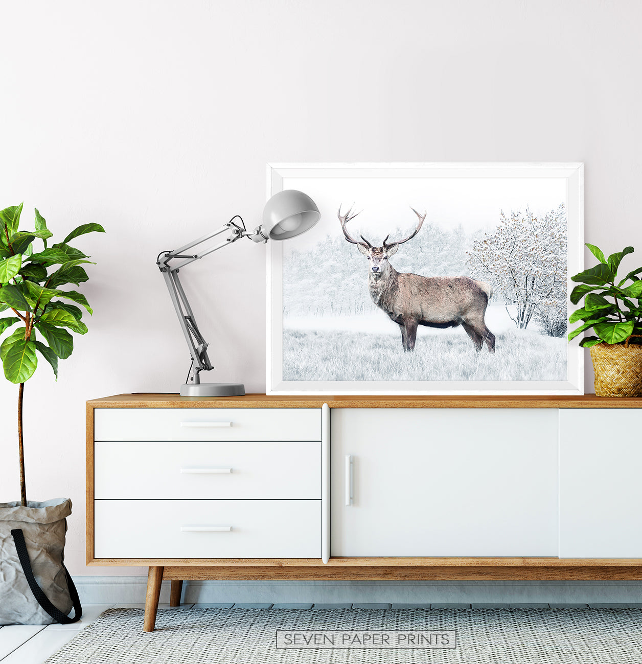 Gorgeous Deer On White Snowy Spacing Wall Art
