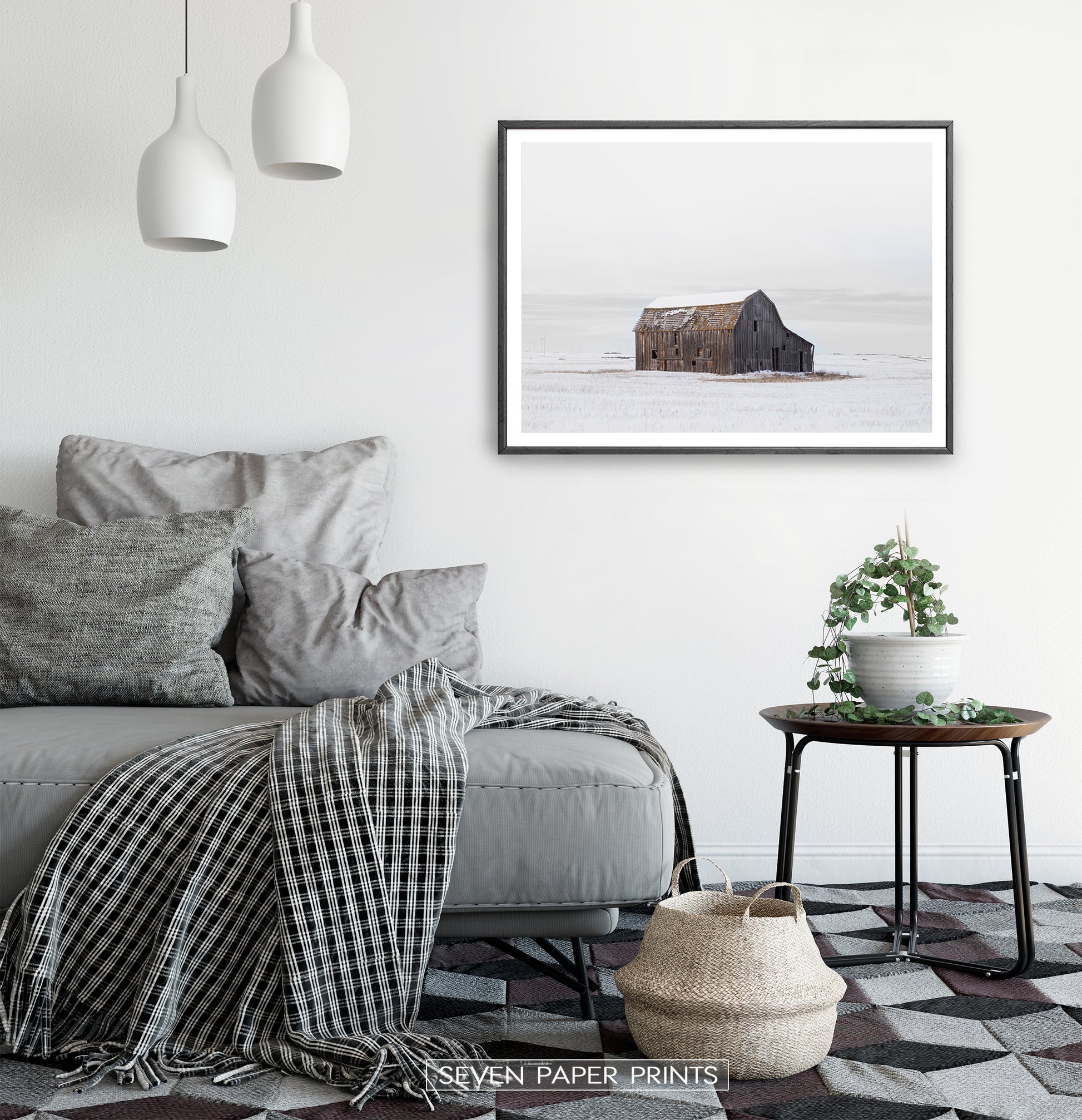 Black-framed in a white&gray bedroom