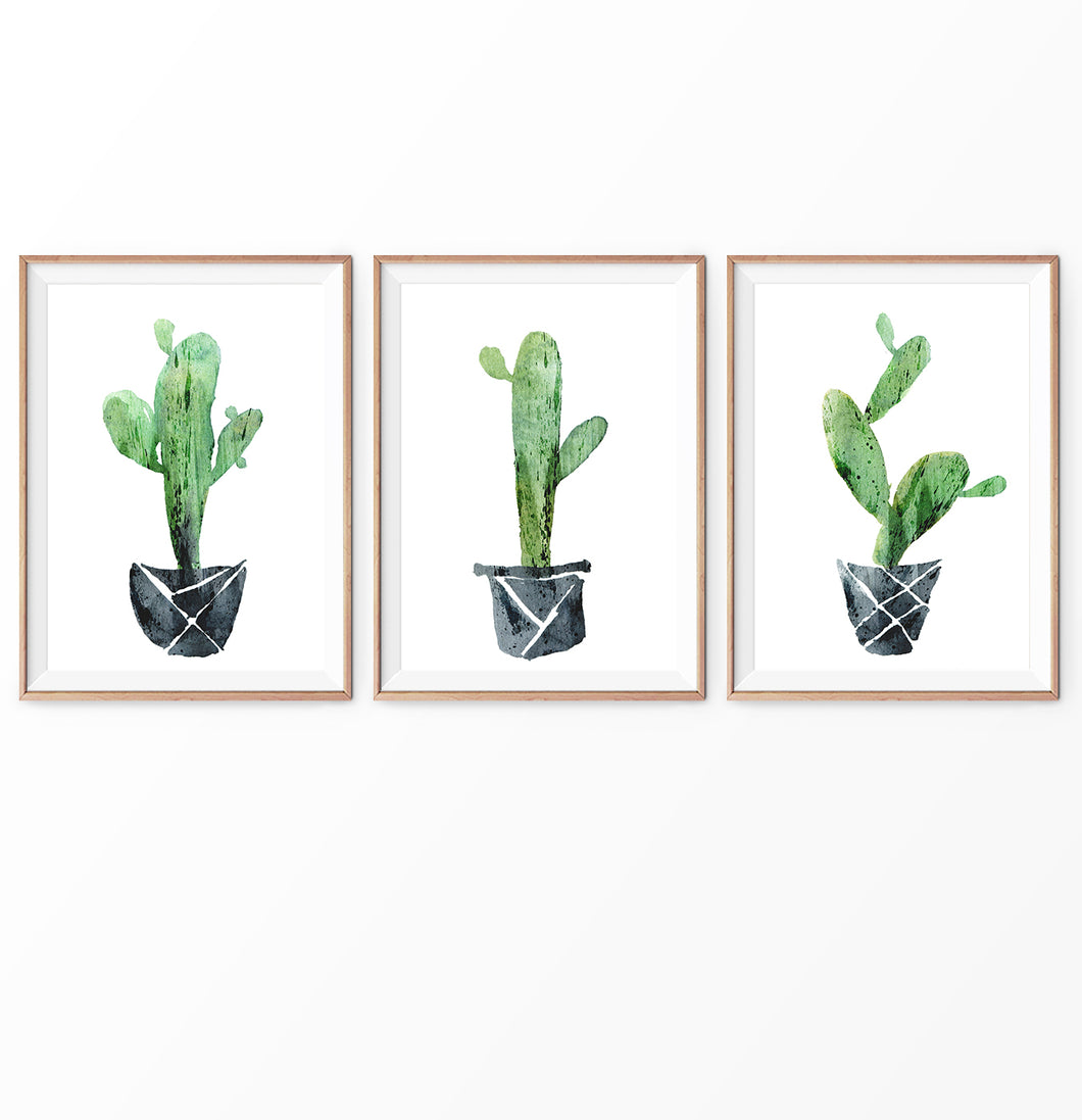 Green Mexican Cactus in Pots Watercolor Set of 3