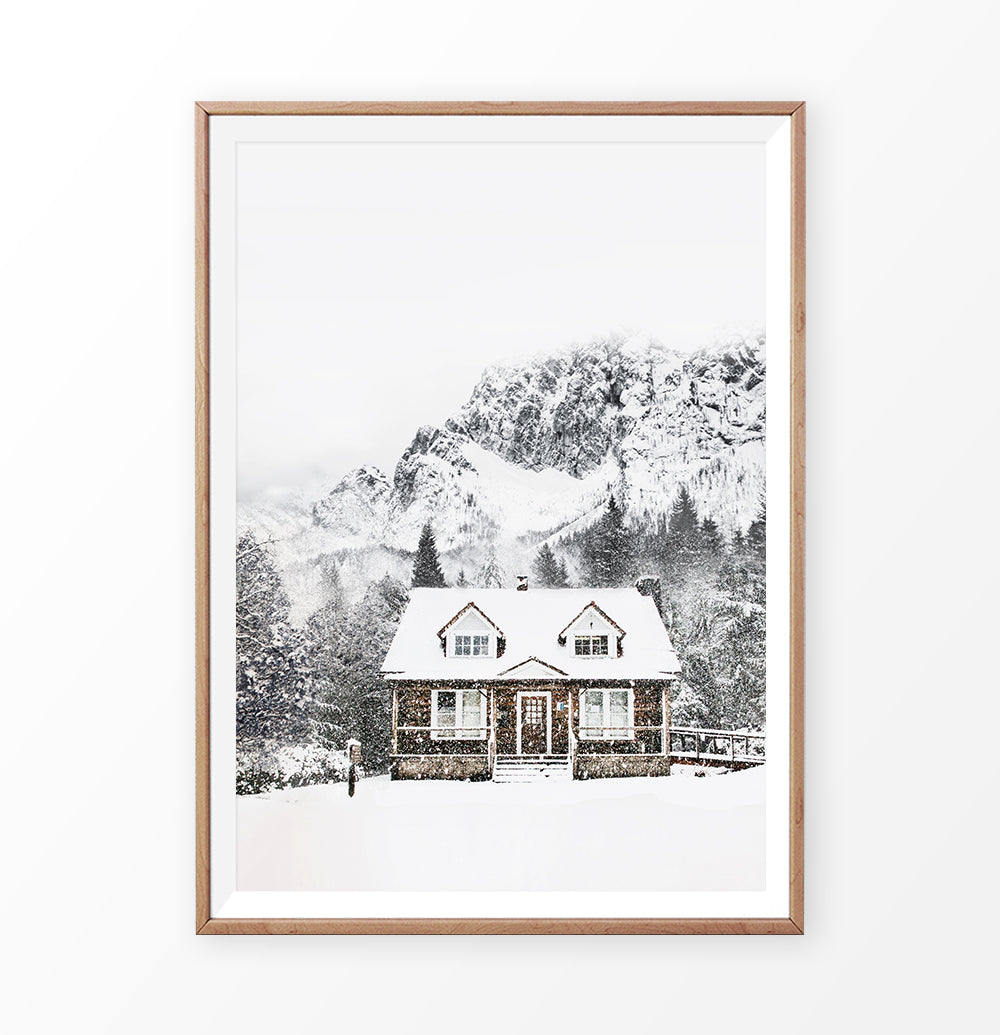 Snowy Village House In Mountains Photography Wall Decor