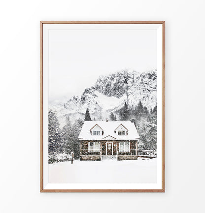 Snowy Village House In Mountains Photography Wall Decor