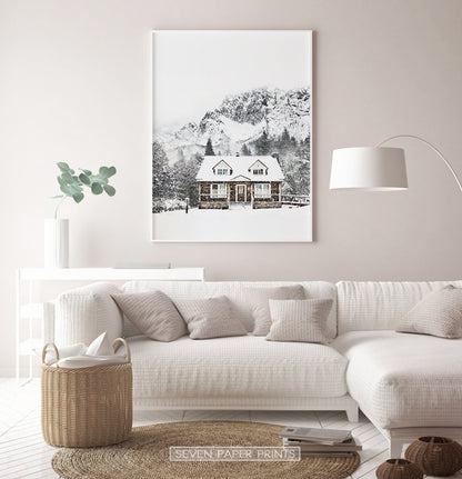 Snowy Village House In Mountains Photography Wall Decor