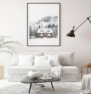 Snowy Village House In Mountains Photography Wall Decor