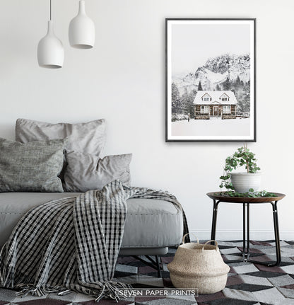 Snowy Village House In Mountains Photography Wall Decor