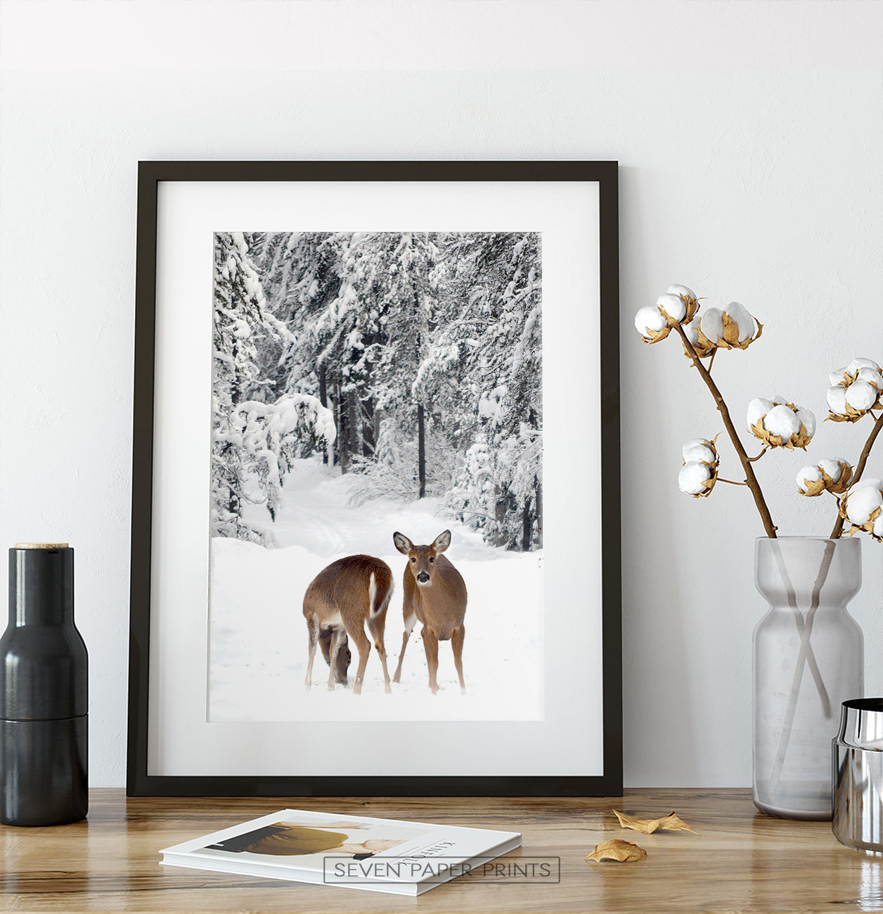 Black-white framed on wooden shelf