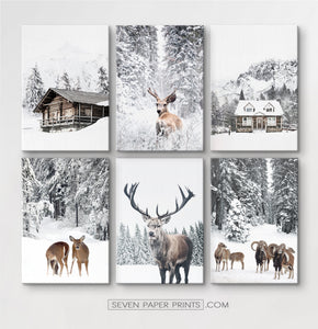 6-Piece Canvas Winter Forest Animals and Houses Wall Art