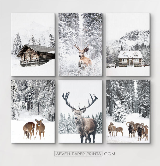 6-Piece Canvas Winter Forest Animals and Houses Wall Art