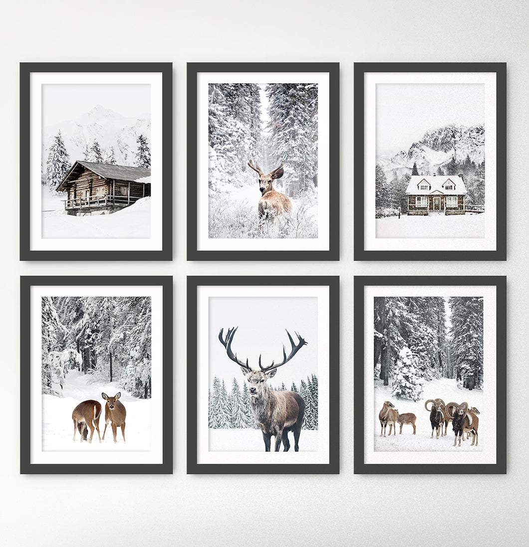 Snowy House, Deer, Cabin, Reindeers and Sheep 6-Piece Framed Wall Art Set