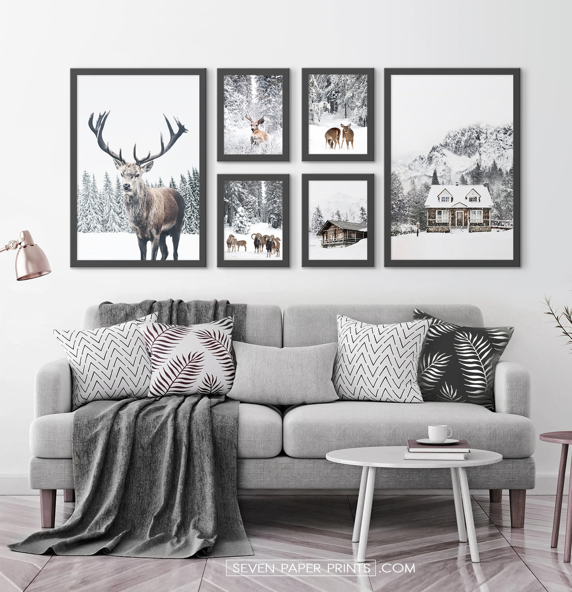 Winter Sheep, Reindeers, Village Houses - 6-piece Framed Wall Art ...