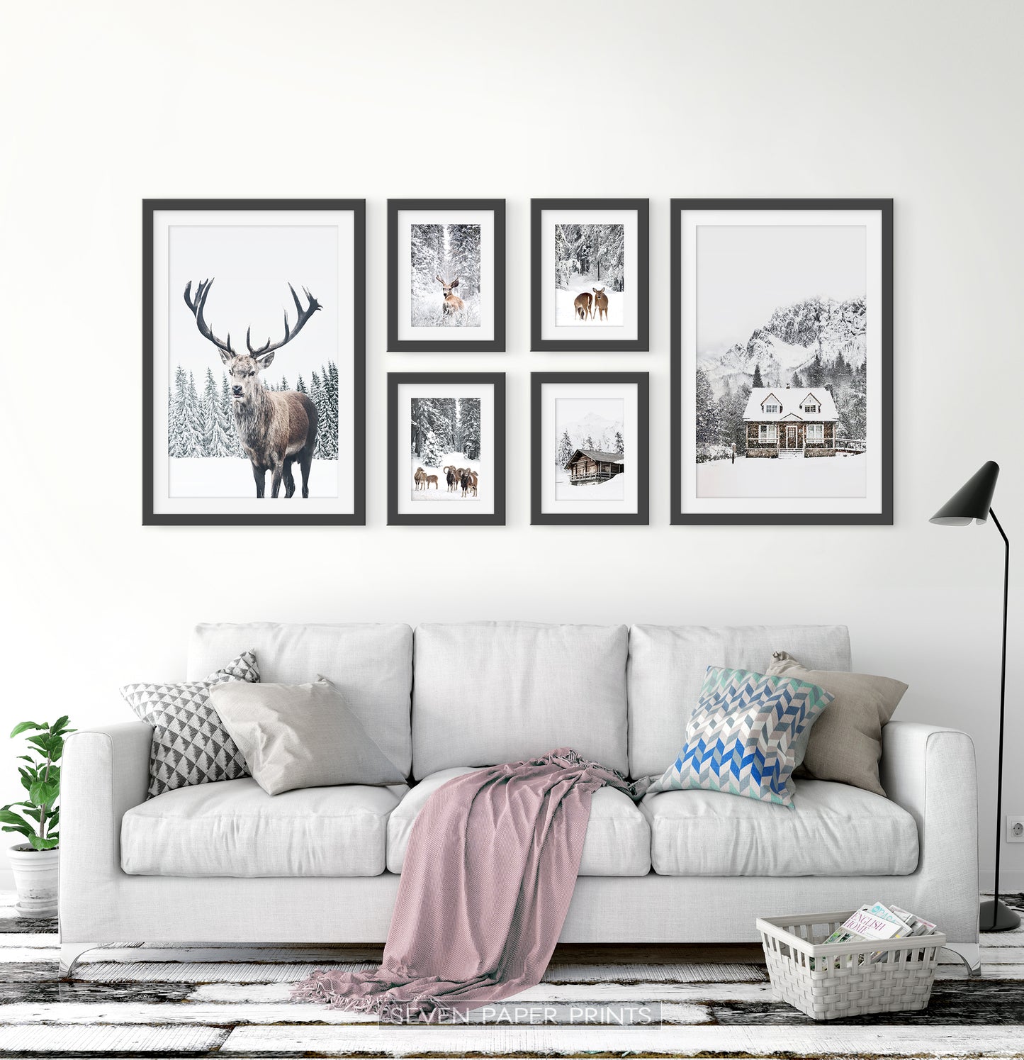 Reindeers, Sheep and Houses - Winter Black&White-Framed 6-Piece Set in the living room 2