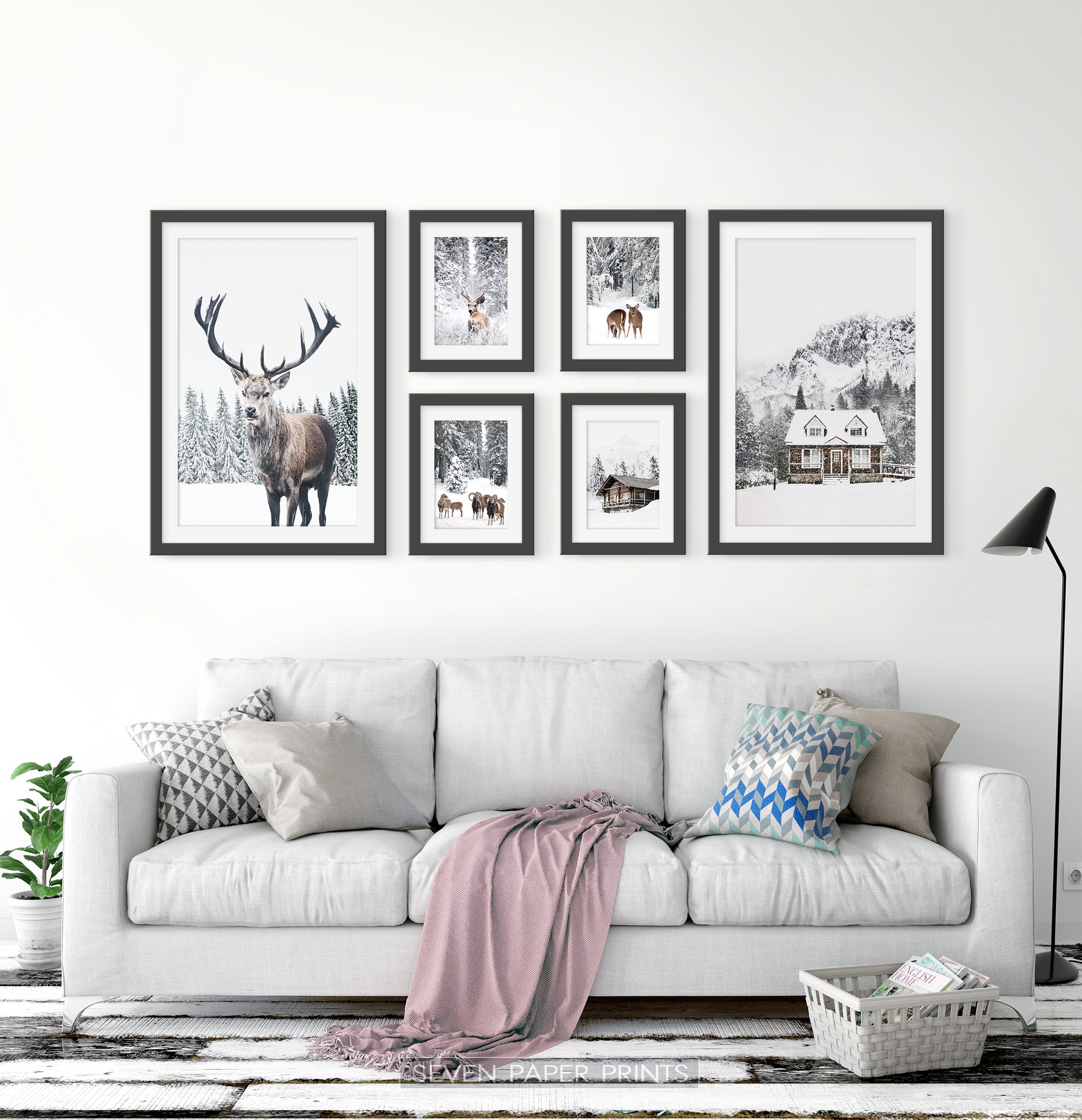 Reindeers, Sheep and Houses - Winter Black&White-Framed 6-Piece Set in the living room 2