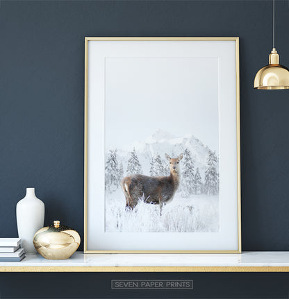 Golden-framed on a white marble shelf