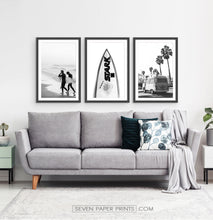 Load image into Gallery viewer, Black and white surfing décor. Surfboard, surfers and travel bus with palms
