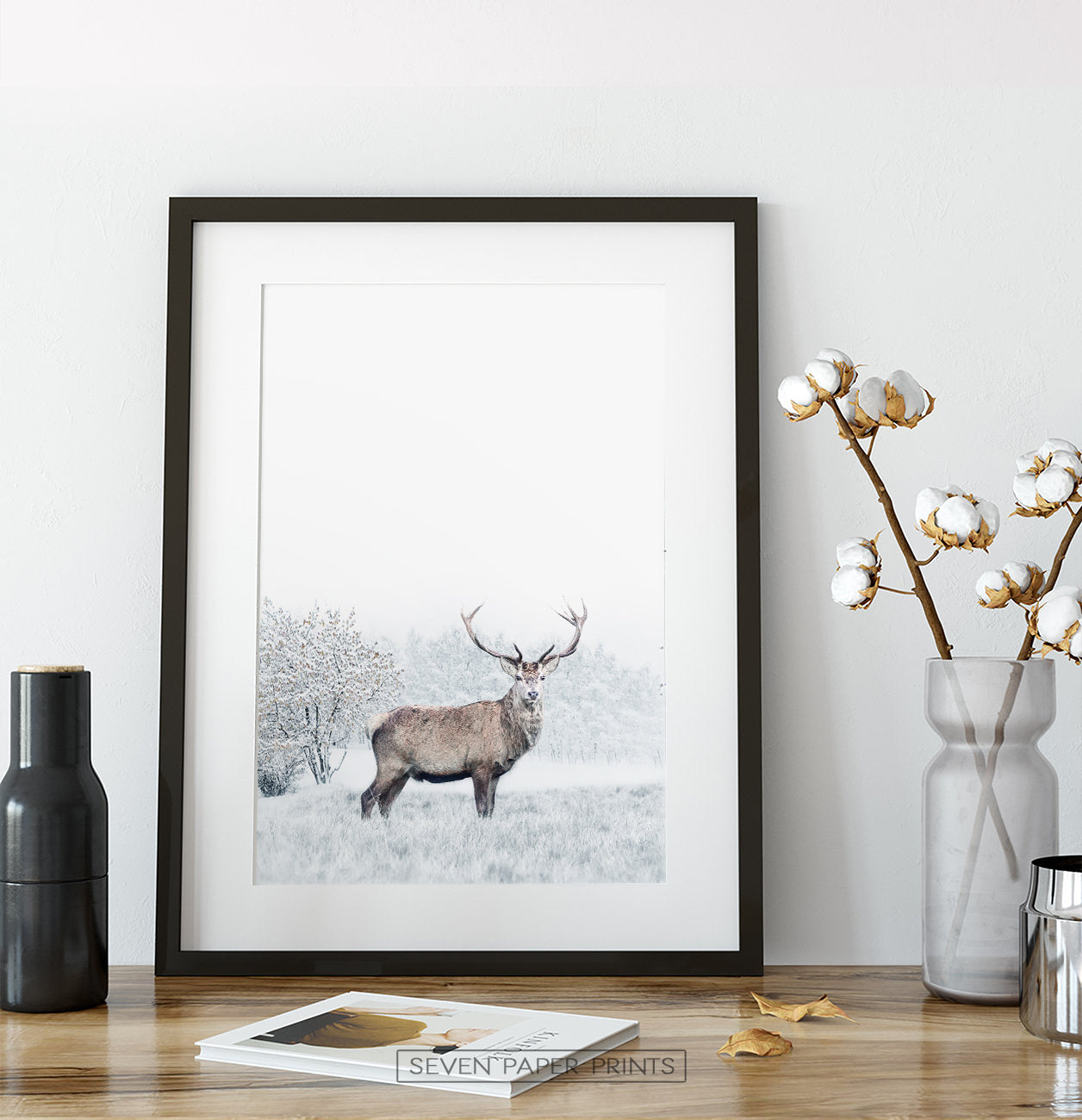 Black-framed on a wooden shelf