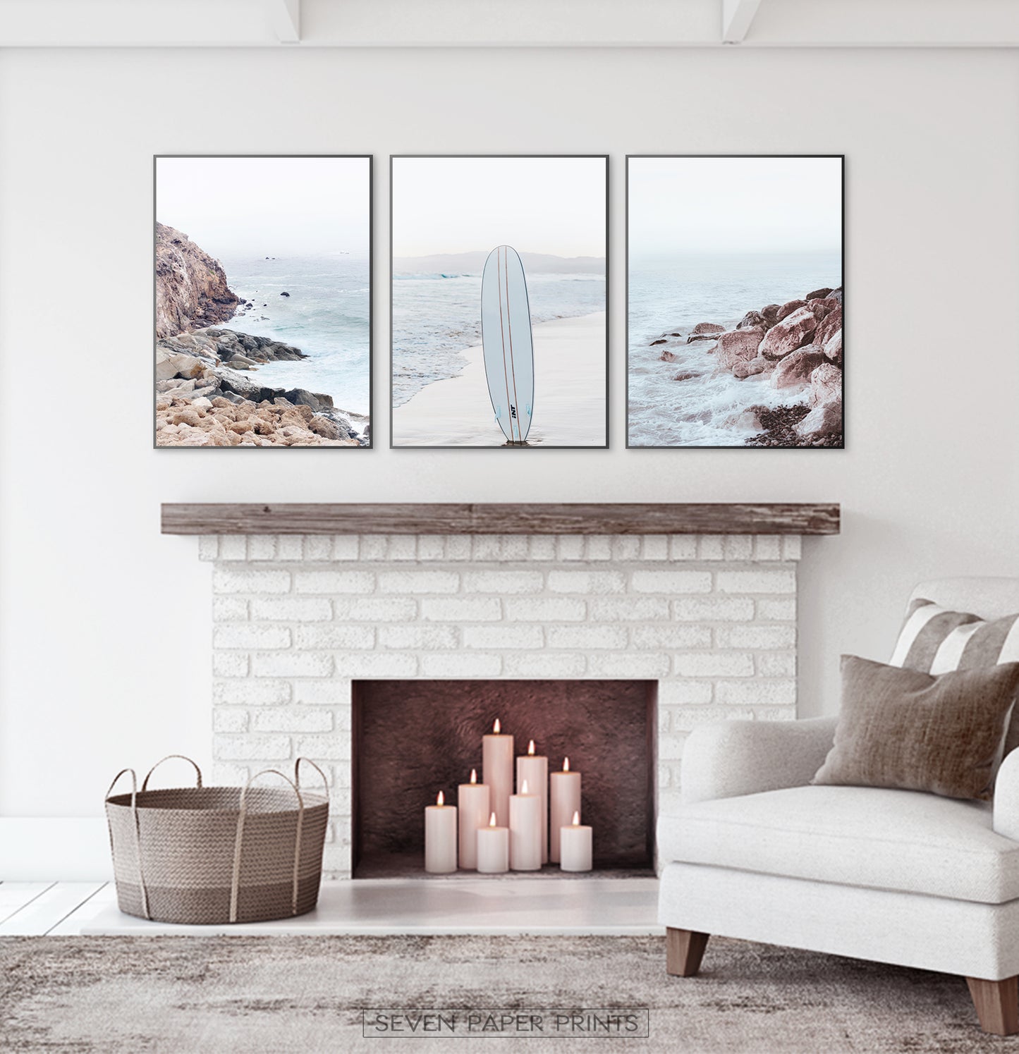 Surfboard on the Beach. Neutral Blue 3 Piece Wall Art