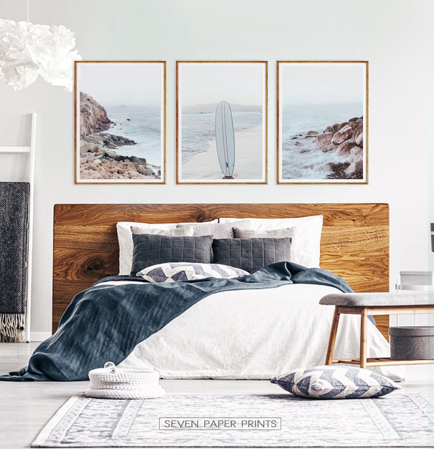 Surfboard on the Beach. Neutral Blue 3 Piece Wall Art