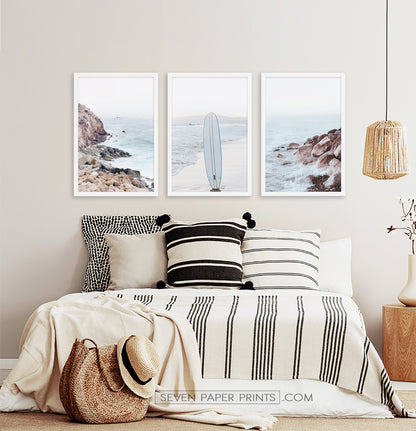 Surfboard on the Beach. Neutral Blue 3 Piece Wall Art