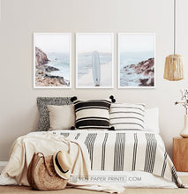 Load image into Gallery viewer, Surfboard on the Beach. Neutral Blue 3 Piece Wall Art
