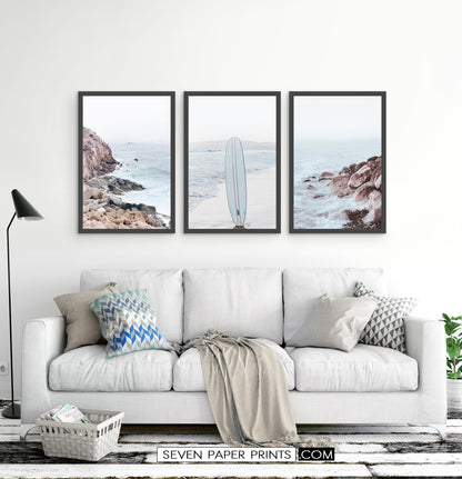 Surfboard on the Beach. Neutral Blue 3 Piece Wall Art