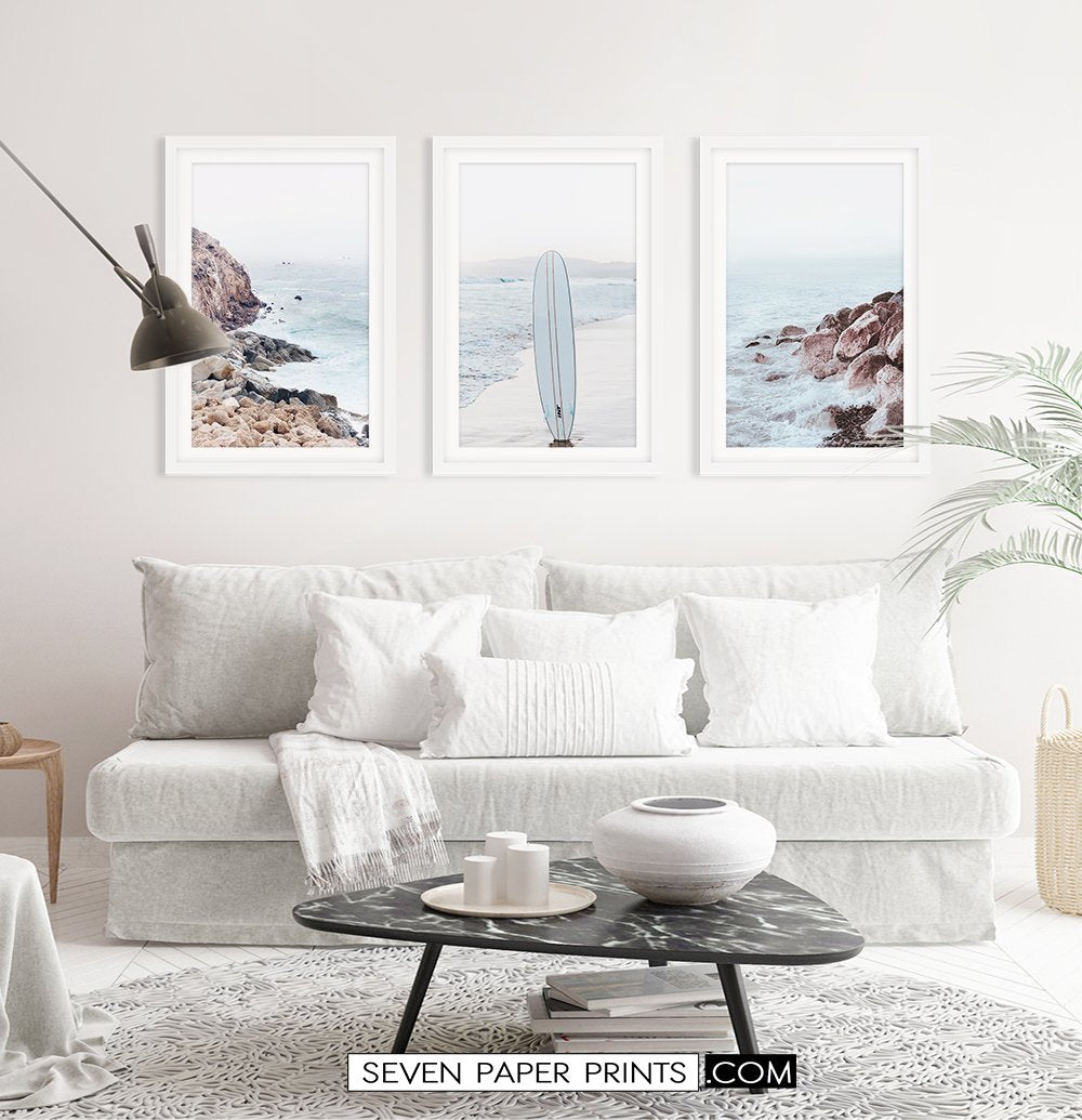 Surfboard on the Beach. Neutral Blue 3 Piece Wall Art