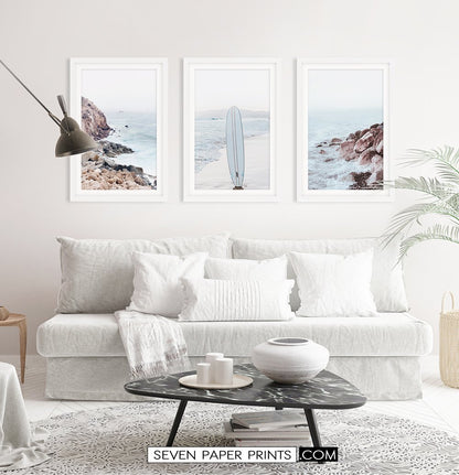 Surfboard on the Beach. Neutral Blue 3 Piece Wall Art