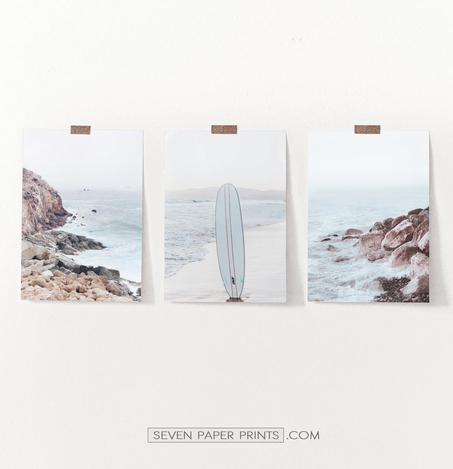Surfboard on the Beach. Neutral Blue 3 Piece Wall Art