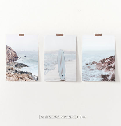 Surfboard on the Beach. Neutral Blue 3 Piece Wall Art