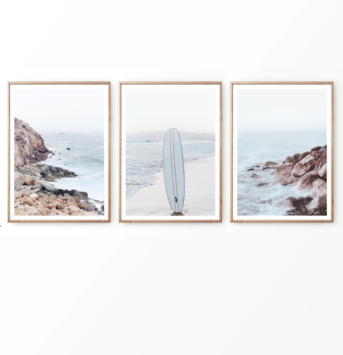 Surfboard on the Beach. Neutral Blue 3 Piece Wall Art