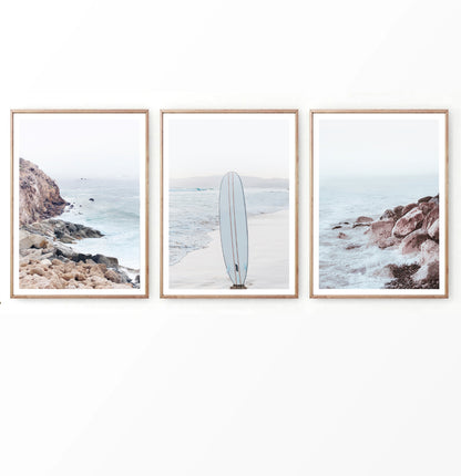 Surfboard on the Beach. Neutral Blue 3 Piece Wall Art