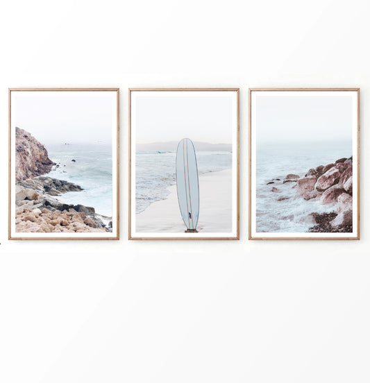 Surfboard on the Beach. Neutral Blue 3 Piece Wall Art