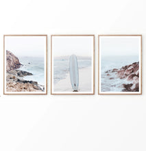 Load image into Gallery viewer, Surfboard on the Beach. Neutral Blue 3 Piece Wall Art

