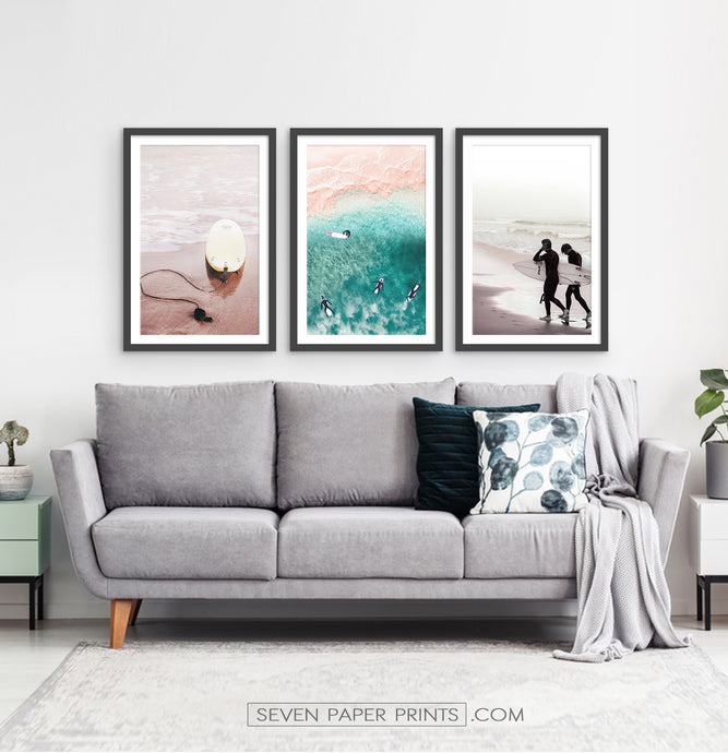 Living room coastal decor. Surfers framed wall art