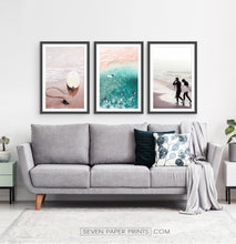 Load image into Gallery viewer, Couple surfing. Large 3 piece poster by Tanya Shumkina

