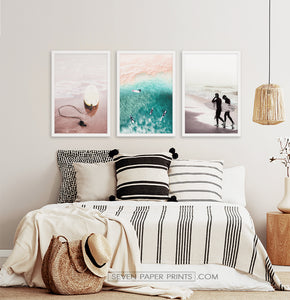 Pink beach, Turquoise Waves. Surfing Framed Art