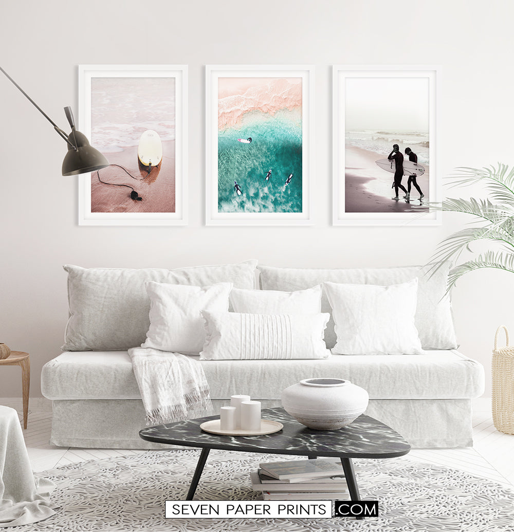 Pink beach, Turquoise Waves. Surfing Framed Art