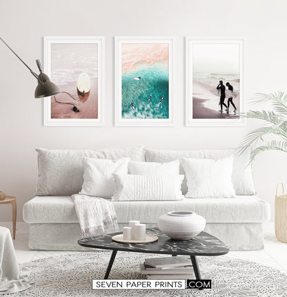 Pink beach, Turquoise Waves. Surfing Framed Art