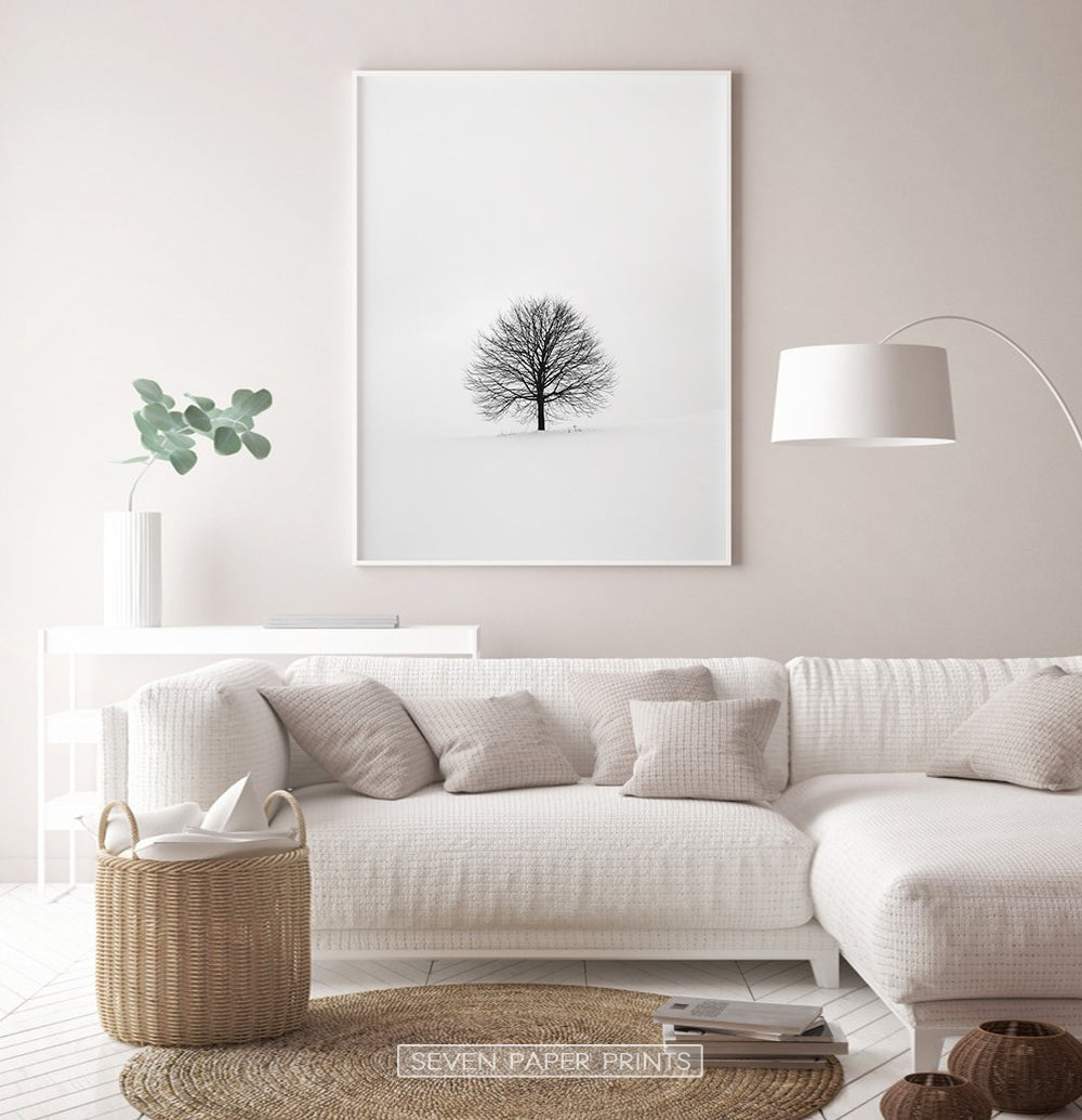Tree On Snowy Field Black And White Photo Art